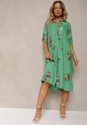 Ciemnozielona Koszulowa Bawełniana Sukienka Zapinana na Guziki Nuramla. Zielone sukienki Renee, na co dzień, uniwersalny, bez wzorów, z bawełny, eleganckie, bez kołnierzyka, bez ramiączek, midi, kopertowe. W wyprzedaży za 119.99 zł.
