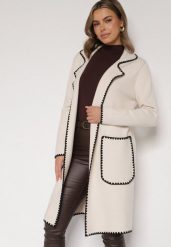 Beżowy Kardigan Ozdobiony Lamówką Tusbena. Brązowe swetry Born2be, bez wzorów, z jeansu, eleganckie, bez ramiączek. Za 139.99 zł.