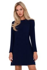 Elegancka sukienka trapezowa dwurzędowa granatowa. Sukienki MOE, do pracy, m, bez wzorów, biznesowe, bez kołnierzyka, bez ramiączek, trapezowe. Za 339.00 zł.