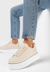Beżowe Sneakersy na Platformie z Ekoskóry ze Sznurowaniem Hionusa. Brązowe buty sportowe lifestyle Born2be, bez wzorów, sportowe, bez zapięcia. W wyprzedaży za 76.49 zł.