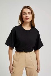 Bluzka z krótkimi szerokimi rękawami czarna. Czarne bluzki MOODO, xs, bez wzorów, bez kołnierzyka, bez ramiączek. W wyprzedaży za 24.99 zł.