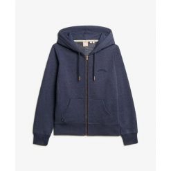 Damska bluza z kapturem zapinana na zamek Superdry Logo Essential. Niebieskie bluzy Superdry, bez wzorów, bez ramiączek, z kapturem. Za 326.00 zł.