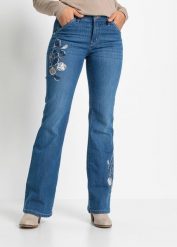 Jeansy flared, mid waist, ze stretchem. Niebieskie jeansy bonprix, bez wzorów, z jeansu. Za 159.99 zł.