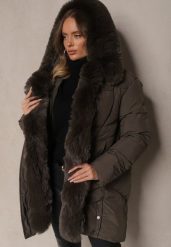 Brązowa Pikowana Kurtka Zimowa z Kapturem i Ozdobnym Futerkiem Mesitana. Brązowe kurtki Renee, na zimę, l, bez wzorów, z jeansu, eleganckie, z kapturem. W wyprzedaży za 134.99 zł.