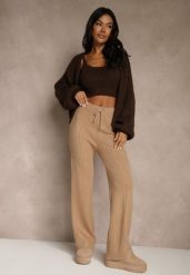 Beżowe Szerokie Spodnie z Wełną High Waist z Prążkowanego Materiału Reinna. Brązowe spodnie materiałowe Renee, bez wzorów, z jeansu, casualowe, z podwyższonym stanem. Za 69.99 zł.