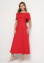 Czerwona Sukienka o Rozkloszowanym Kroju na Ramiączkach z Wywijanym Dekoltem Jenathia. Czerwone sukienki Born2be, na imprezę, m, bez wzorów, bez kołnierzyka, bez ramiączek, kopertowe. Za 129.99 zł.