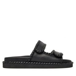 Klapki Badura. Czarne klapki Badura, bez wzorów, bez obcasa, bez zapięcia. Za 249.99 zł.