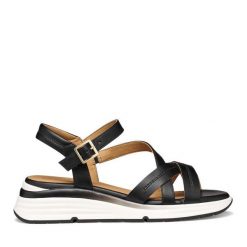 Sandały Geox. Czarne sandały Geox, bez wzorów, bez obcasa, na koturnie, bez zapięcia. Za 419.99 zł.