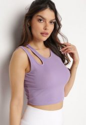 Fioletowy Prążkowany Tank Top Bez Rękawów z Ozdobnym Wycięciem Deriafa. Fioletowe topy Born2be, s, bez wzorów, prążkowane, klasyczne, z asymetrycznym kołnierzem, bez ramiączek. Za 49.99 zł.