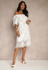 Biała Sukienka z Bawełną Ozdobiona Paskiem z Klamrą Tiavelle. Białe sukienki Renee, na co dzień, l, bez wzorów, z bawełny, eleganckie, bez kołnierzyka, bez ramiączek, midi, kopertowe. W wyprzedaży za 83.99 zł.