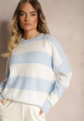Jasnoniebieski Sweter ze Ściągaczami Ozdobiony Pasami z Wełną Tiarosea. Niebieskie swetry Renee, bez wzorów, z jeansu, casualowe, bez ramiączek. W wyprzedaży za 111.99 zł.