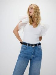 Bluzka z tiulem - złamana biel. Bluzki Reserved, l, bez wzorów, z bawełny, bez kołnierzyka, bez ramiączek. W wyprzedaży za 55.99 zł.