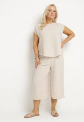 Jasnobeżowy Komplet Bluzka i Szerokie Spodnie Jenoretia. Brązowe bluzki Born2be, xl, bez wzorów, eleganckie, bez kołnierzyka, bez ramiączek. Za 119.99 zł.