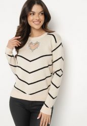Jasnobeżowy Sweter z Wiskozą w Geometryczny Wzór z Wycięciem w Kształcie Serca z Cyrkoniami Temilime. Brązowe swetry Born2be, s, bez wzorów, z jeansu, biznesowe, bez ramiączek. W wyprzedaży za 84.99 zł.