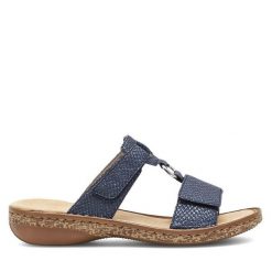 Klapki Rieker. Niebieskie klapki Rieker, bez wzorów, bez obcasa, bez zapięcia. Za 279.99 zł.