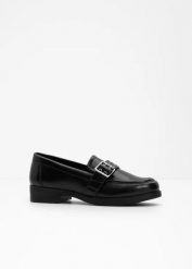 Wsuwane loafersy w stylu biker. Czarne baleriny bonprix, bez wzorów, bez obcasa, bez zapięcia. Za 99.99 zł.