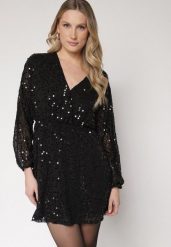 Czarna Cekinowa Sukienka o Rozkloszowanym Kroju z Długimi Rękawami Reira. Czarne sukienki Born2be, na imprezę, l, bez wzorów, z poliesteru, eleganckie, bez kołnierzyka, bez ramiączek, rozkloszowane. Za 169.99 zł.