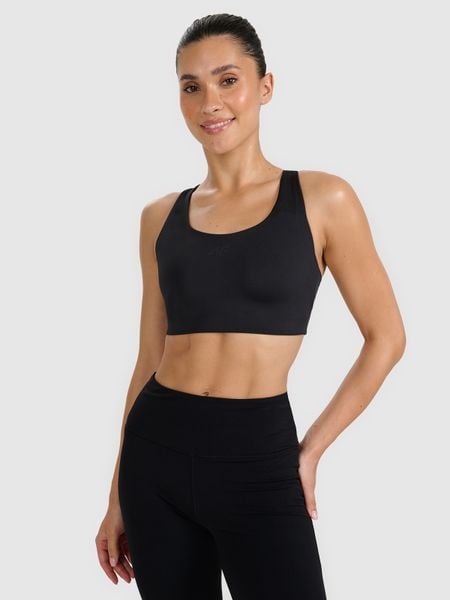 4F Biustonosz treningowy ze średnim wsparciem - czarny L. Czarne biustonosze sportowe 4f, bez wzorów, z elastanu, do biegania. W wyprzedaży za 159.99 zł.