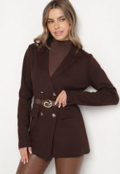 Brązowy Kardigan z Wiskozą na Guziki Ozdobiony Paskiem z Metaliczną Klamrą Sallinatia. Brązowe swetry Born2be, s, bez wzorów, z jeansu, eleganckie, bez ramiączek. Za 129.99 zł.