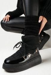 Czarne Ocieplone Śniegowce na Platformie z Wycięciem i Ozdobnym Wiązaniem Wokół Cholewki Abintte. Czarne śniegowce Born2be, bez wzorów, bez zapięcia. Za 69.99 zł.