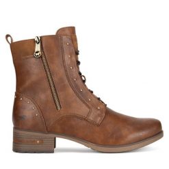 Trzewiki Mustang. Brązowe botki Mustang, bez wzorów, bez obcasa, na słupku, bez zapięcia. Za 369.99 zł.