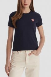 GUESS Granatowy damski t-shirt na krótki rękaw Crew Neck Mini Triangle, Rozmiar L. Niebieskie t-shirty Guess, l, z aplikacjami, klasyczne, bez kołnierzyka, bez ramiączek. W wyprzedaży za 99.99 zł.