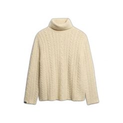 Sweter z warkoczowym splotem i golfem dla kobiet Superdry. Białe swetry Superdry, na zimę, bez wzorów, ze splotem, bez ramiączek. Za 413.10 zł.