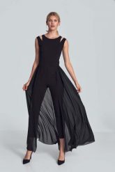 Czarny Kombinezon z Szyfonową Spódnicą. Czarne kombinezony Figl, l, bez wzorów, z materiału, eleganckie, bez kołnierzyka, bez ramiączek. Za 349.00 zł.