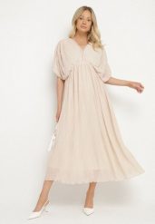 Beżowa Sukienka Rozkloszowana z Wiązaniem na Szyi o Luźnym Kroju Napila. Brązowe sukienki Born2be, na co dzień, l, bez wzorów, eleganckie, bez kołnierzyka, bez ramiączek, maxi, rozkloszowane. W wyprzedaży za 118.99 zł.