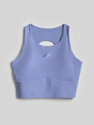 4F Crop top do jogi szybkoschnący damski - niebieski XS. Niebieskie topy 4f, l, bez wzorów, z gumy, biznesowe, bez kołnierzyka, bez ramiączek. Za 119.99 zł.