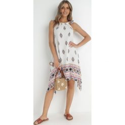 Biała Sukienka z Wiskozy Alcissa. Białe sukienki Born2be, l, bez wzorów, z wiskozy, boho, z asymetrycznym kołnierzem, bez ramiączek, midi, asymetryczne. W wyprzedaży za 41.99 zł.