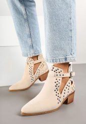 Beżowe Botki na Obcasie w Stylu Kowbojek z Wycięciem i Nitami Eleavira. Brązowe botki Born2be, bez wzorów, z jeansu, eleganckie, bez obcasa, na obcasie, bez zapięcia. Za 159.99 zł.