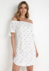 Biała Sukienka Hermusa. Białe sukienki Born2be, m, z aplikacjami, z bawełny, bez kołnierzyka, bez ramiączek, mini. Za 79.99 zł.