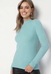 Miętowy Klasyczny Sweter z Półgolfem Temiera. Zielone swetry Born2be, m, bez wzorów, z jeansu, eleganckie, bez ramiączek. Za 44.99 zł.