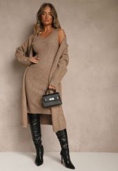 Ciemnobeżowy Dzianinowy Komplet z Wełną Prążkowana Sukienka i Długi Kardigan Falonessa. Brązowe swetry Renee, bez wzorów, z dzianiny, eleganckie, bez ramiączek. Za 149.99 zł.