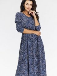 Sukienka Model A666 Navy Pattern - awama. Niebieskie sukienki Awama, do pracy, l, bez wzorów, z elastanu, biznesowe, bez kołnierzyka, bez ramiączek, midi. Za 343.20 zł.
