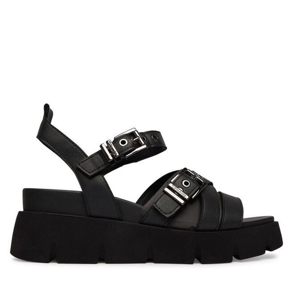 Sandały Tamaris. Czarne sandały Tamaris, bez wzorów, bez obcasa, na koturnie, bez zapięcia. Za 299.99 zł.