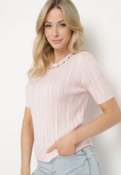 Różowa Wiskozowa Bluzka z Cekinami i Kryształkami Calvionis. Czerwone bluzki Born2be, bez wzorów, z jeansu, bez kołnierzyka, bez ramiączek. Za 139.99 zł.