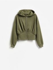 Rozpinana bluza z kapturem - ciemnozielony. Zielone bluzy Reserved, l, bez wzorów, z bawełny, bez ramiączek, z kapturem. Za 129.99 zł.