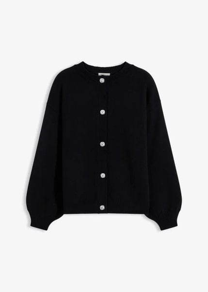 Sweter rozpinany z dekoracyjnymi guzikami. Czarne swetry bonprix, bez wzorów, z dzianiny, bez ramiączek. Za 129.99 zł.