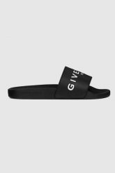 GIVENCHY Czarne klapki damskie z białym logo. Czarne klapki Givenchy, bez wzorów, bez obcasa, bez zapięcia. W wyprzedaży za 899.99 zł.