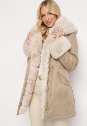 Beżowa Kurtka Parka z Futerkiem i Kapturem Aresja. Brązowe kurtki Born2be, na jesień, l, bez wzorów. Za 279.99 zł.