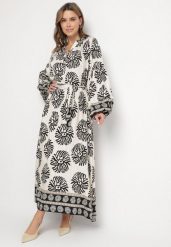 Czarna Wiskozowa Sukienka Oversize w Etniczny Wzór z Wiązanym Paskiem Florseki. Czarne sukienki Born2be, na co dzień, m, bez wzorów, z wiskozy, eleganckie, bez kołnierzyka, bez ramiączek, maxi, oversize. W wyprzedaży za 104.99 zł.