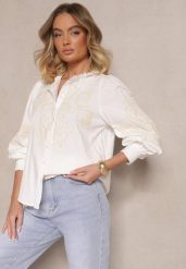 Biała Koszula z Bawełną Wiskozą i Lnem Ozdobione Haftem Zenvesin. Białe koszule Renee, l, z aplikacjami, z bawełny, eleganckie, bez kołnierzyka, bez ramiączek. W wyprzedaży za 119.99 zł.
