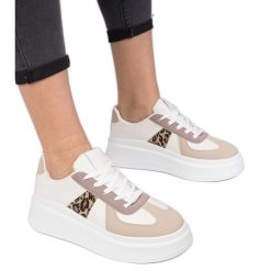 Beżowe sneakersy trampki na platformie beżowy. Brązowe trampki bez wzorów, ze skóry, eleganckie, bez zapięcia. Za 89.18 zł.