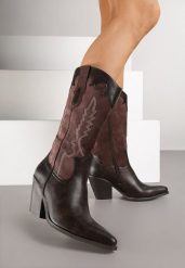 Brązowe Botki Kowbojki na Stożkowym Obcasie Zdobione Haftem Nalirria. Brązowe botki Born2be, z aplikacjami, z jeansu, boho, bez obcasa, na obcasie, bez zapięcia. Za 179.99 zł.