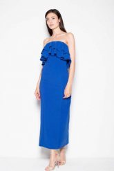 Niebieska Sukienka Długa Elegancka z Falbankami. Niebieskie sukienki Venaton, l, bez wzorów, z elastanu, eleganckie, bez kołnierzyka, bez ramiączek, maxi. Za 299.00 zł.