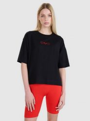 4F T-shirt oversize z nadrukiem damski - czarny XS. Czarne t-shirty 4f, xs, bez wzorów, z bawełny, klasyczne, bez kołnierzyka, bez ramiączek. W wyprzedaży za 39.99 zł.