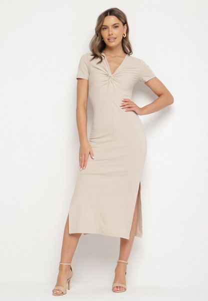 Beżowa Dopasowana Sukienka z Wiskozą Zdobiona Marszczeniem przy Dekolcie Obonelle. Brązowe sukienki Born2be, na imprezę, m, z aplikacjami, z wiskozy, eleganckie, bez kołnierzyka, bez ramiączek, mini, dopasowane. Za 109.99 zł.