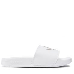 Klapki adidas. Białe klapki adidas, bez wzorów, sportowe, bez obcasa, bez zapięcia. Za 139.99 zł.